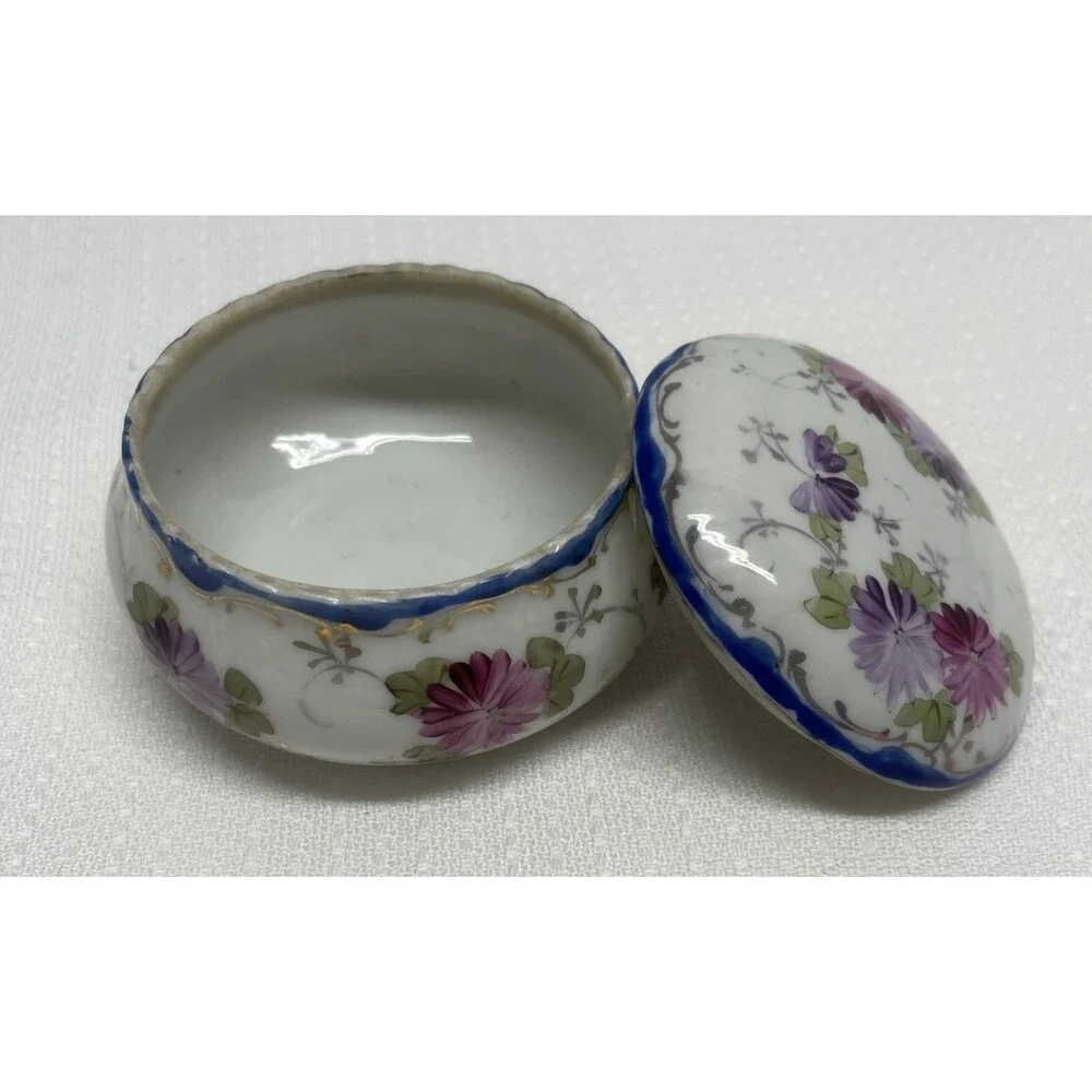 Vintage Covered Trinket Box w/ Lid Hand Painted Flowers Gift Decor Cottagecore